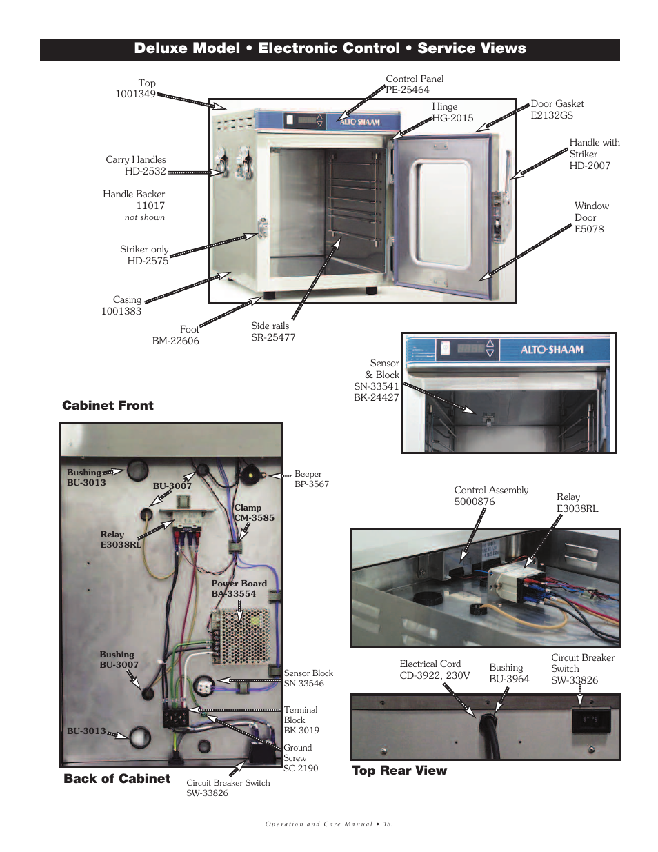 Deluxe model • electronic control • service views, Top rear view back of cabinet cabinet front | Alto-Shaam 500-E User Manual | Page 19 / 24