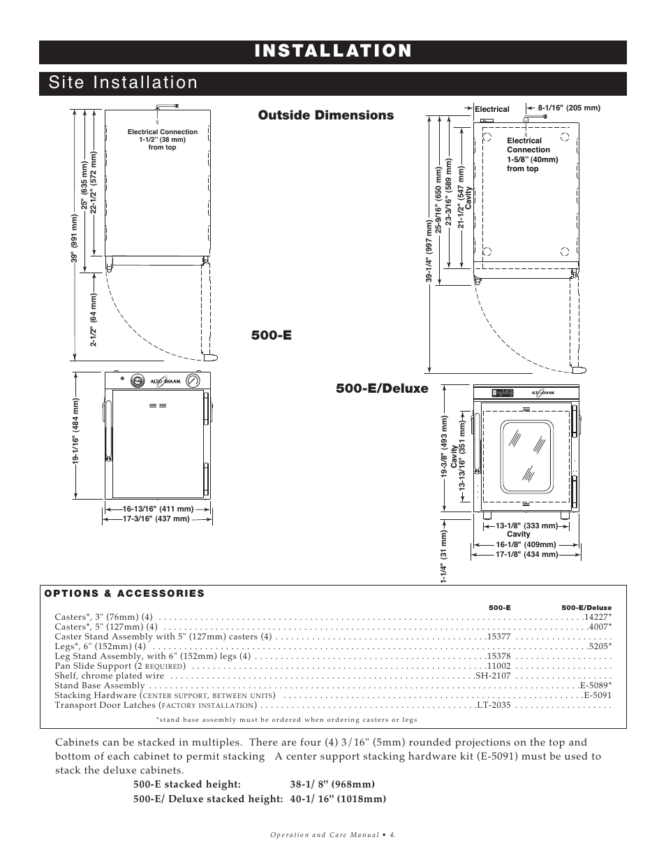 E 500-e/deluxe outside dimensions | Alto-Shaam 500-E User Manual | Page 5 / 24