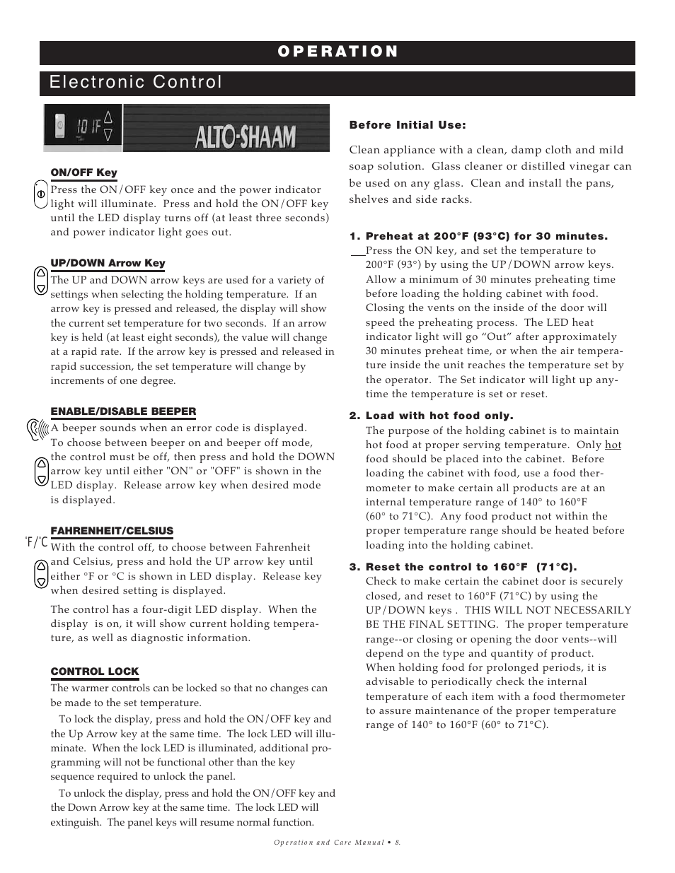 Electronic control, F/°c | Alto-Shaam 500-E User Manual | Page 9 / 24