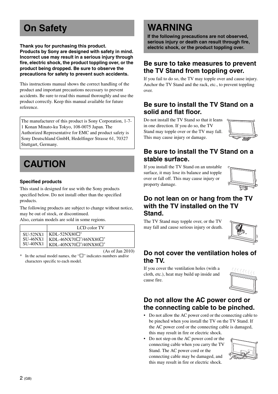 On safety, Caution, Warning | Do not cover the ventilation holes of the tv | Sony SU-40NX1 User Manual | Page 10 / 219