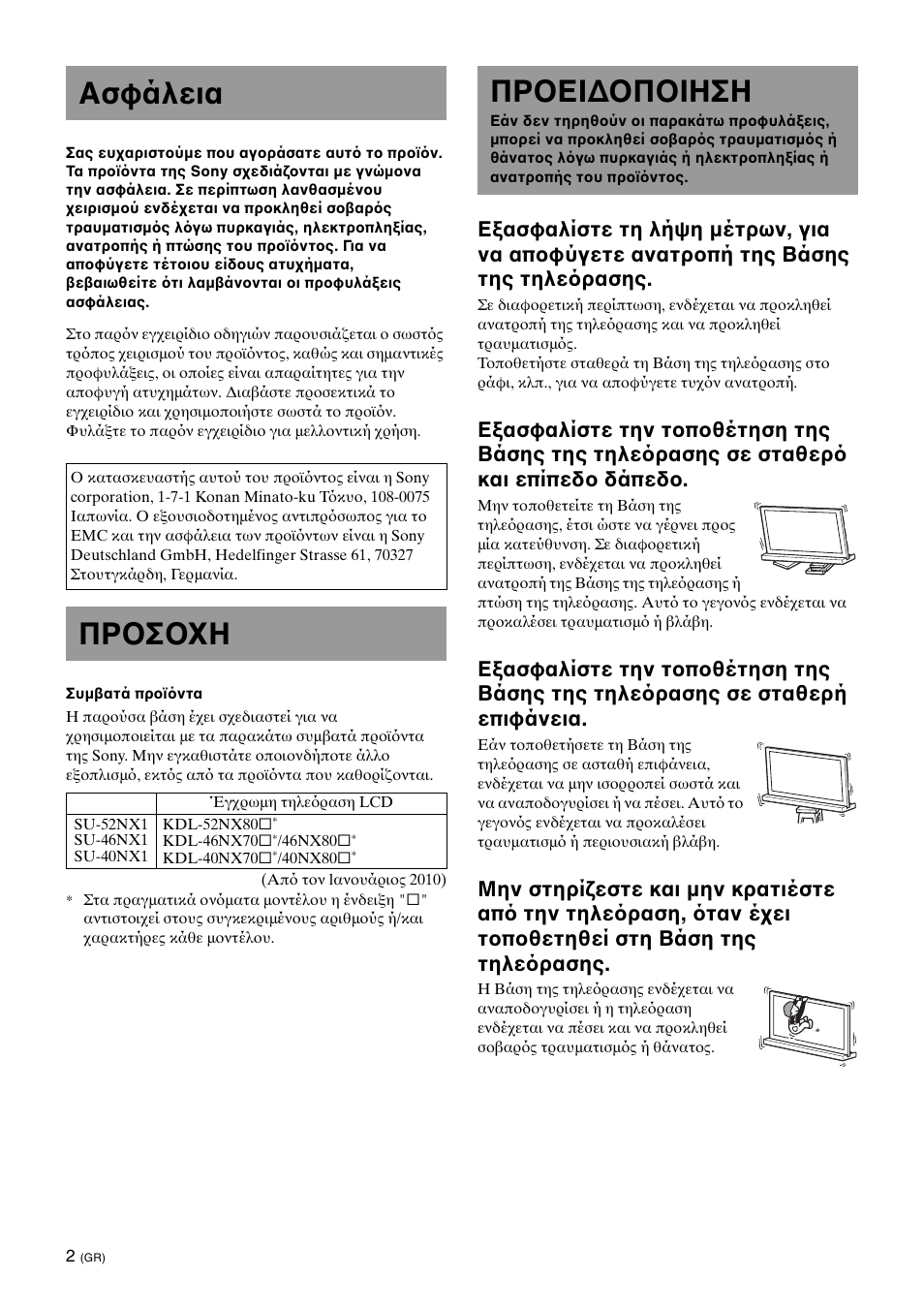 Ασφάλεια, Προσοχη, Προειδοποιηση | Sony SU-40NX1 User Manual | Page 106 / 219