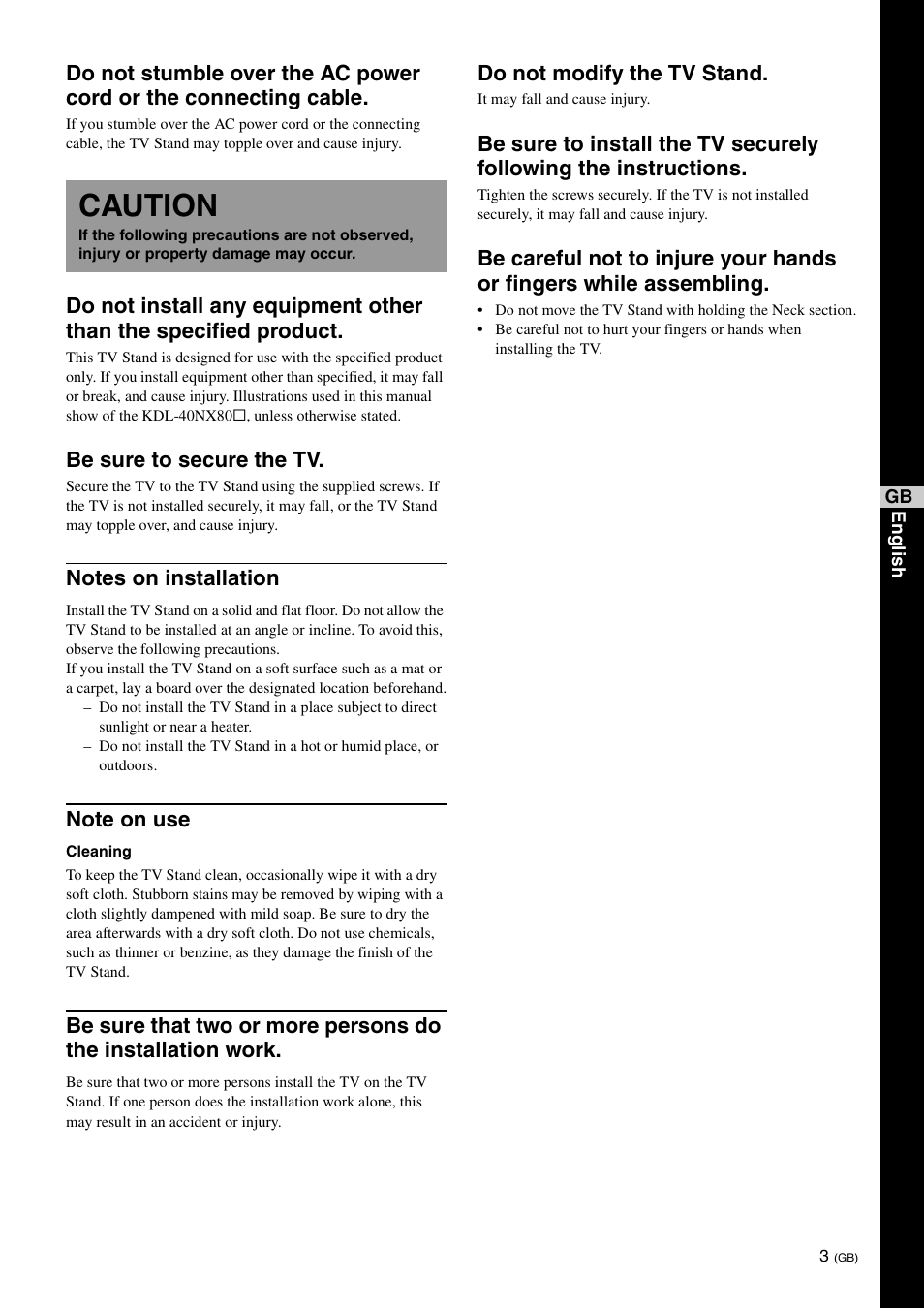 Caution, Be sure to secure the tv, Do not modify the tv stand | Sony SU-40NX1 User Manual | Page 11 / 219