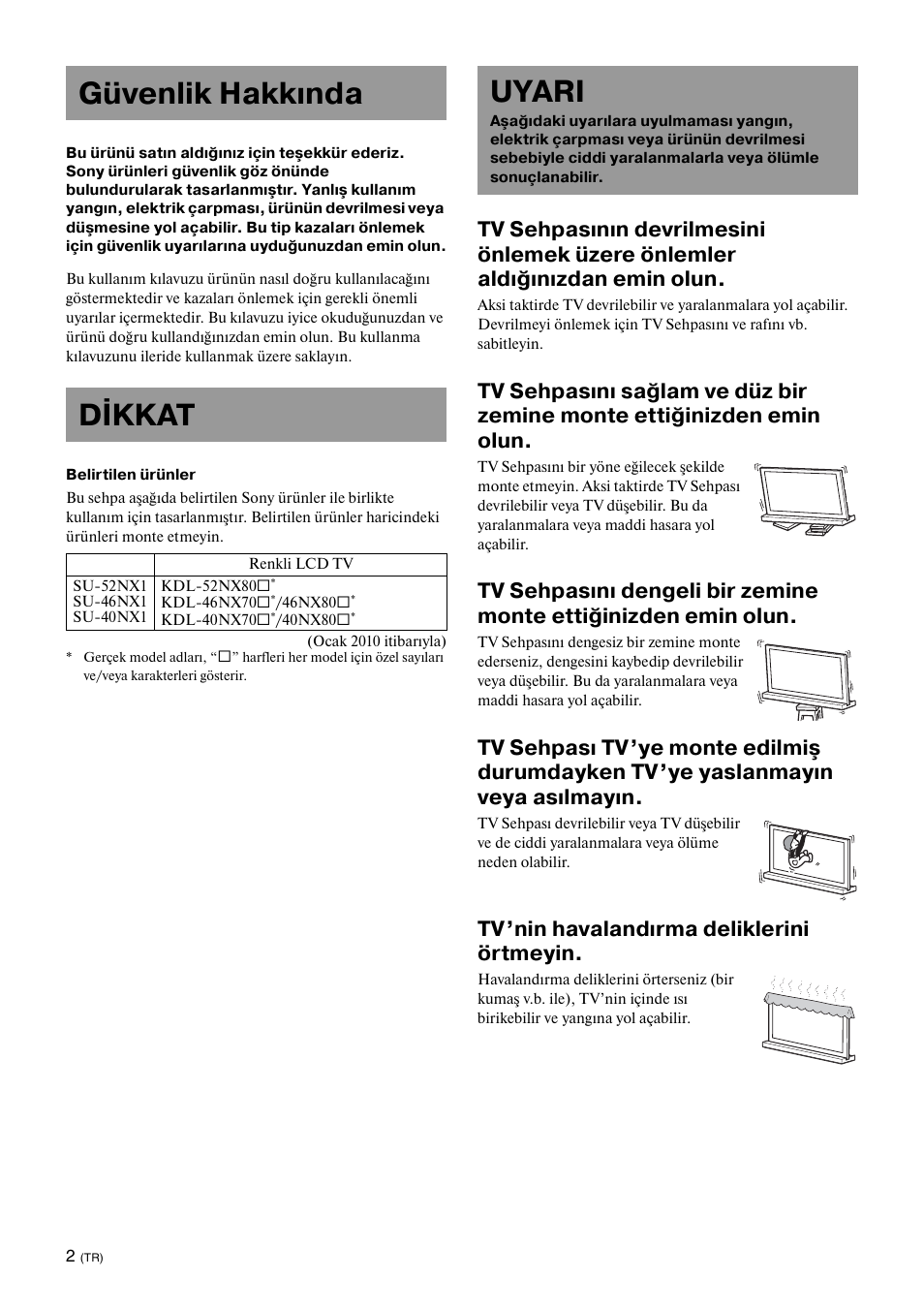 Güvenlik hakkında, Dikkat, Uyari | Güvenlik hakkında dikkat, Tv’nin havalandırma deliklerini örtmeyin | Sony SU-40NX1 User Manual | Page 114 / 219