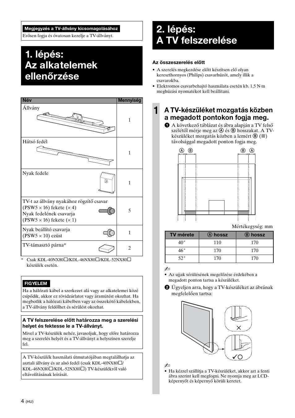Lépés: az alkatelemek ellenőrzése, Lépés: a tv felszerelése, Lépés: a tv felszerelése 1 | Sony SU-40NX1 User Manual | Page 124 / 219