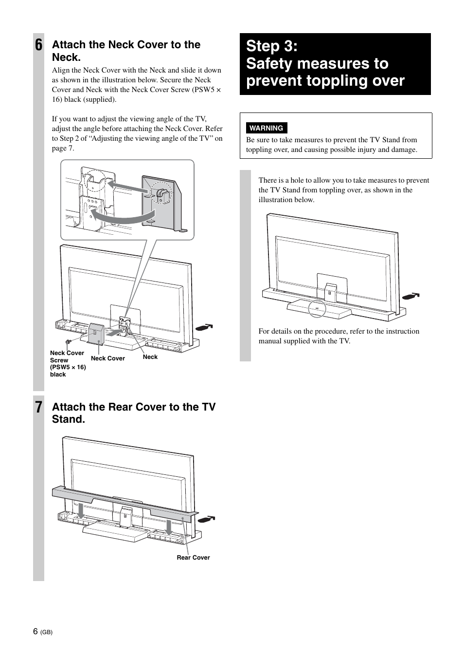 Step 3: safety measures to prevent toppling over, Attach the neck cover to the neck, Attach the rear cover to the tv stand | Sony SU-40NX1 User Manual | Page 14 / 219