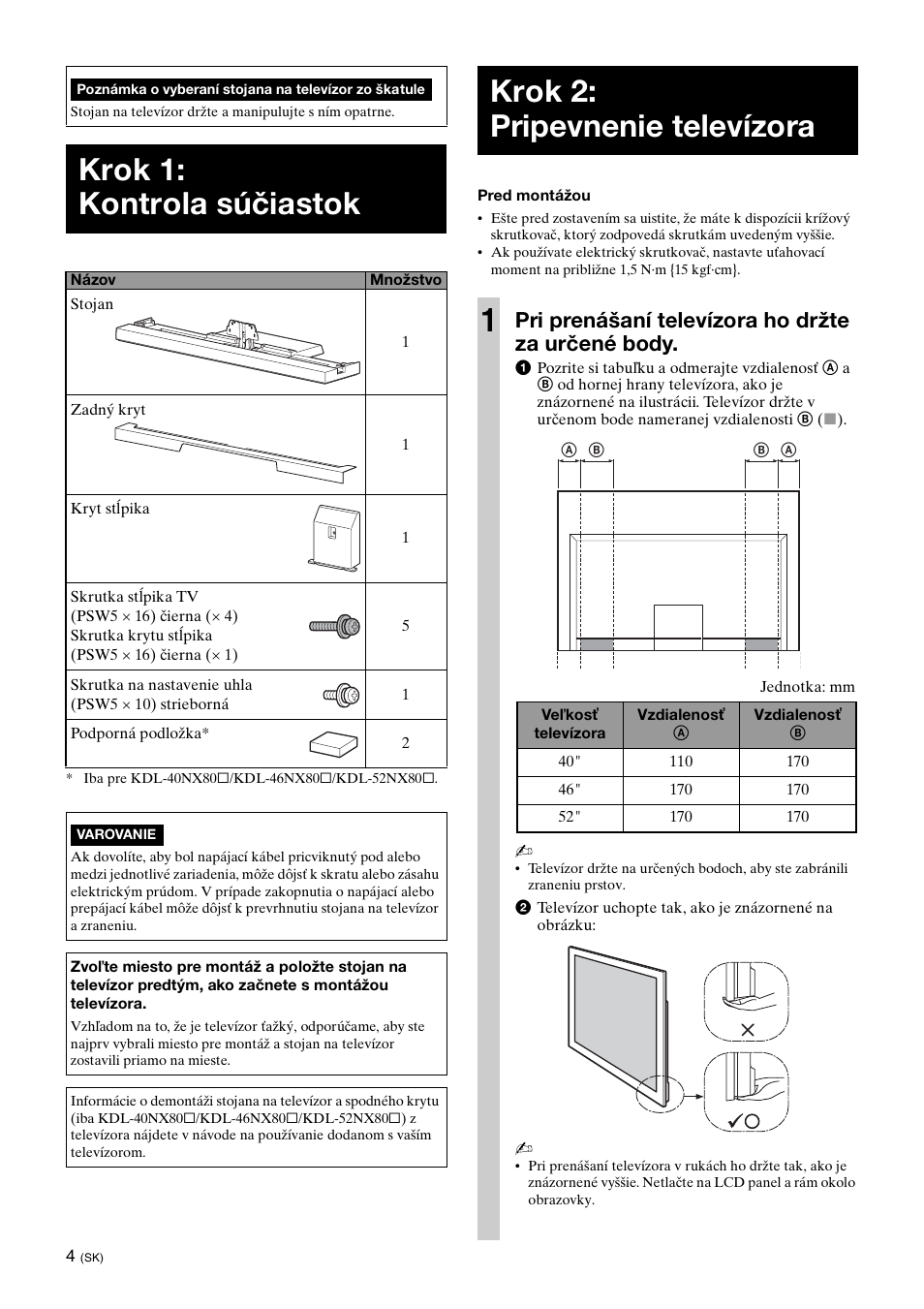 Krok 1: kontrola súčiastok, Krok 2: pripevnenie televízora, Krok 2: pripevnenie televízora 1 | Pri prenášaní televízora ho držte za určené body | Sony SU-40NX1 User Manual | Page 140 / 219