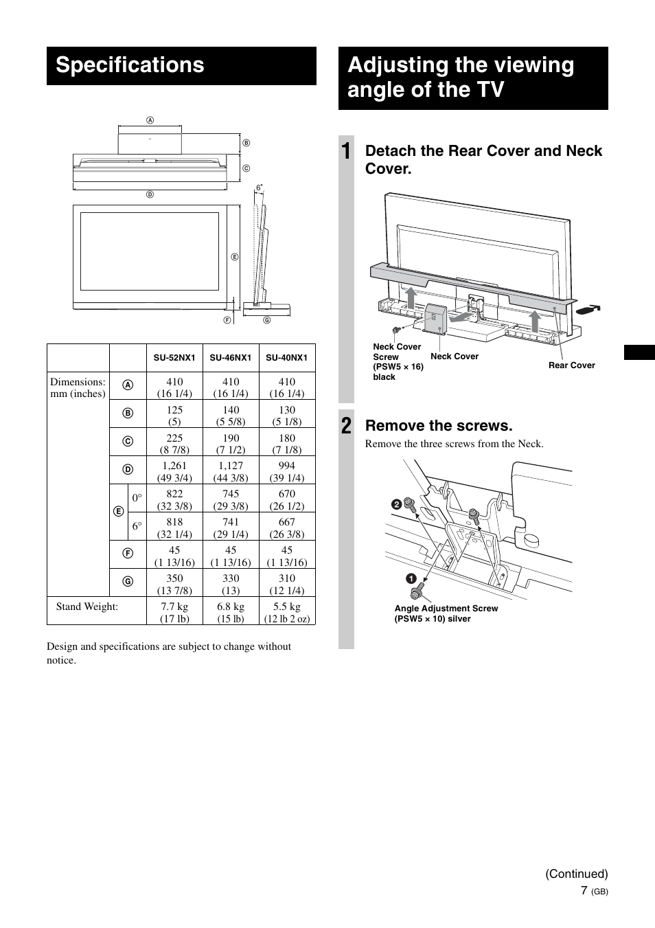 Specifications, Adjusting the viewing angle of the tv, Adjusting the viewing angle of the tv 1 | Detach the rear cover and neck cover, Remove the screws | Sony SU-40NX1 User Manual | Page 15 / 219