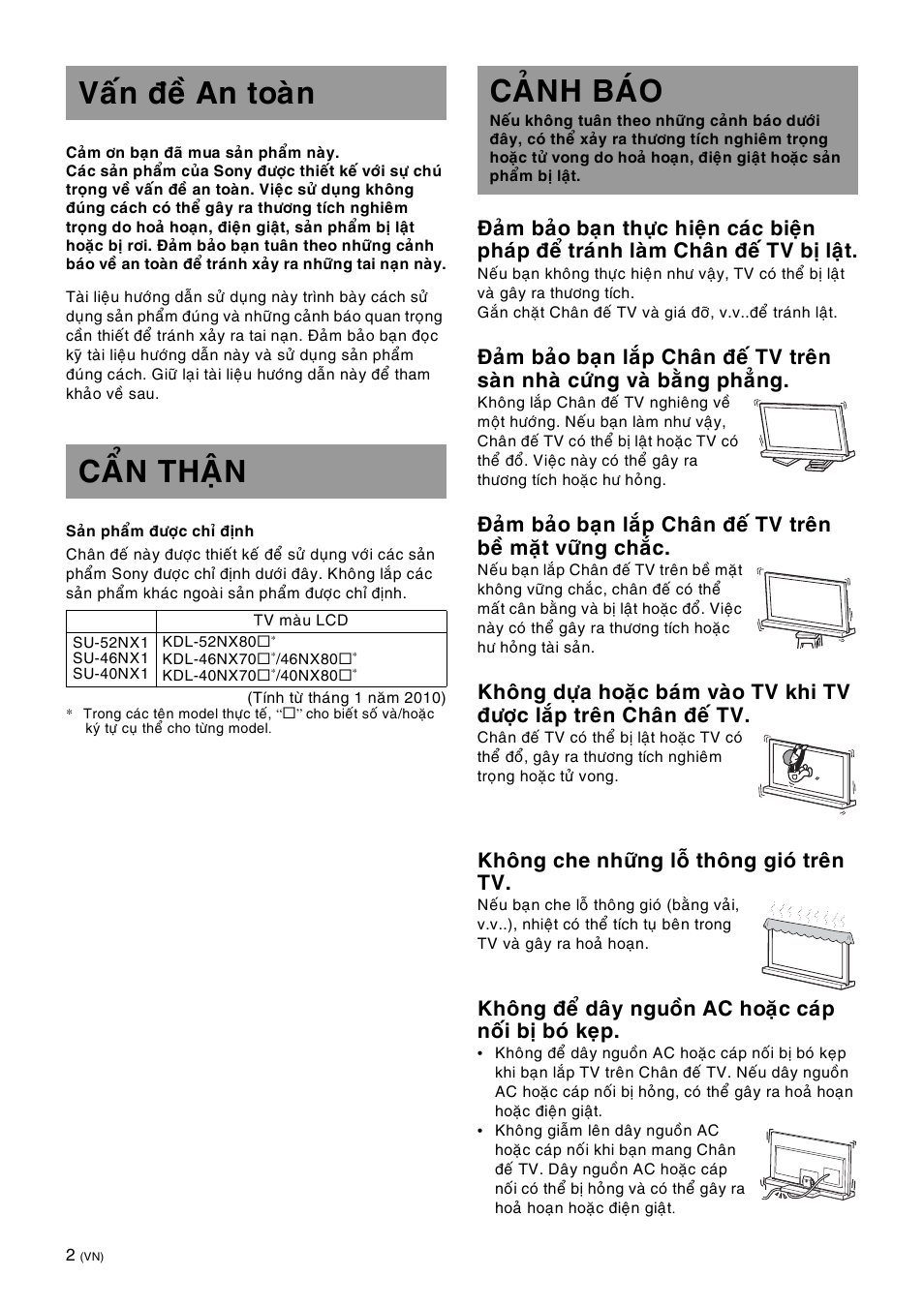 Vaán ñeà an toaøn caån thaän, Caûnh baùo, Khoâng che nhöõng loã thoâng gioù treân tv | Sony SU-40NX1 User Manual | Page 162 / 219