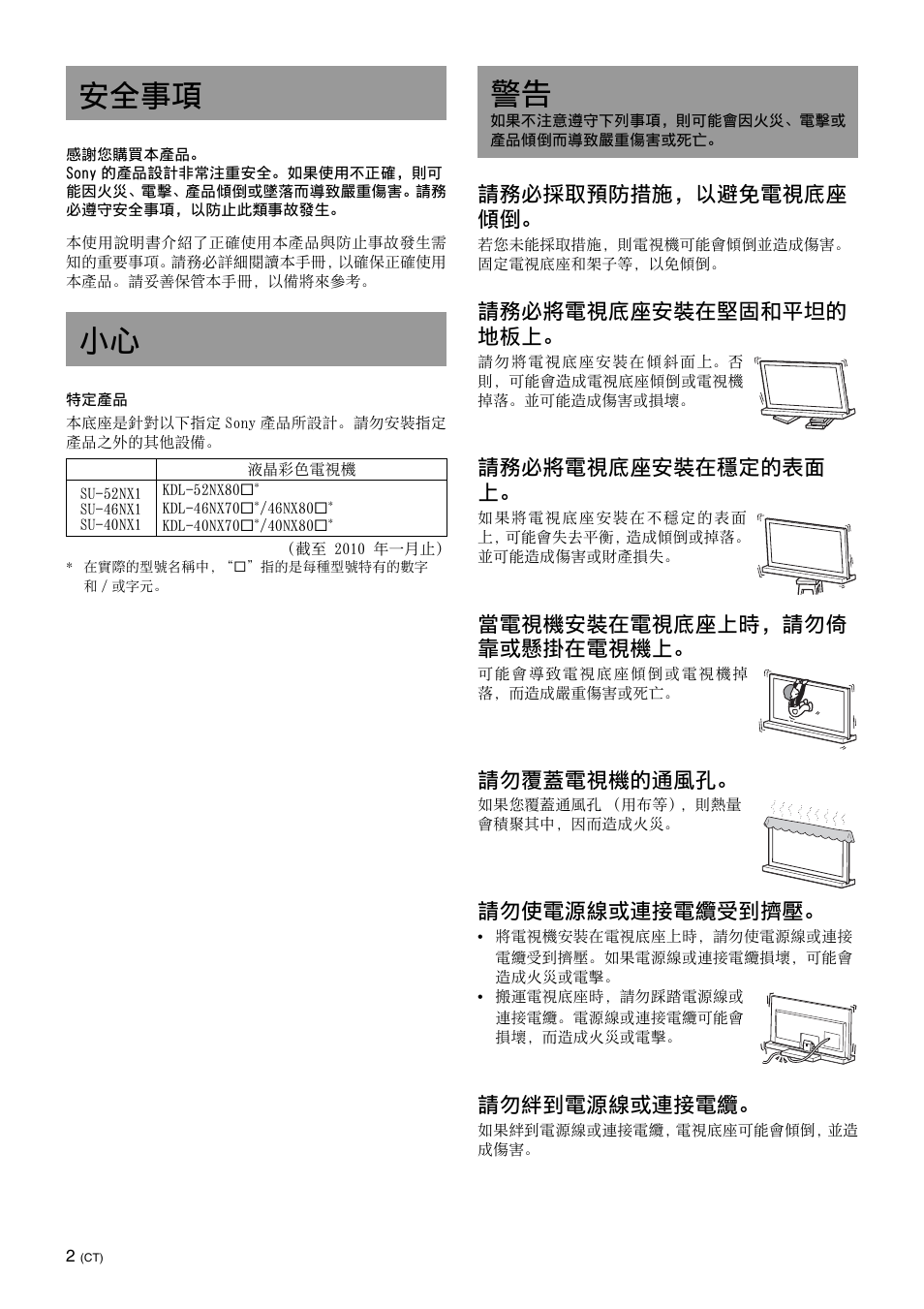 安全事項, 安全事項 小心, 請務必採取預防措施，以避免電視底座 傾倒 | 請務必將電視底座安裝在堅固和平坦的 地板上, 請務必將電視底座安裝在穩定的表面 上, 當電視機安裝在電視底座上時，請勿倚 靠或懸掛在電視機上, 請勿覆蓋電視機的通風孔, 請勿使電源線或連接電纜受到擠壓, 請勿絆到電源線或連接電纜 | Sony SU-40NX1 User Manual | Page 178 / 219