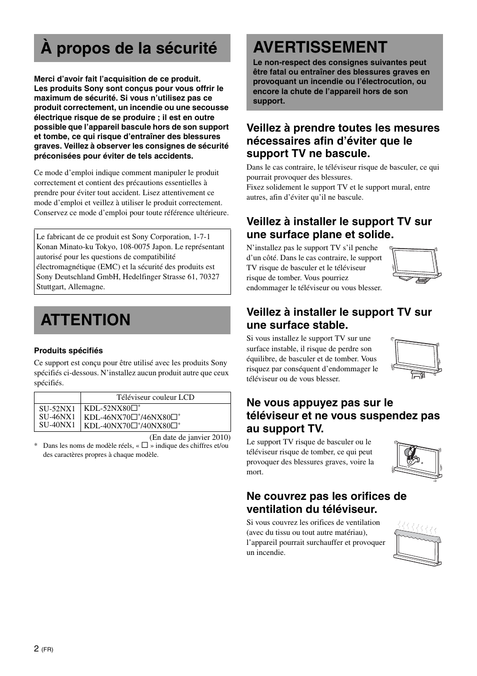 À propos de la sécurité, Attention, Avertissement | Sony SU-40NX1 User Manual | Page 18 / 219