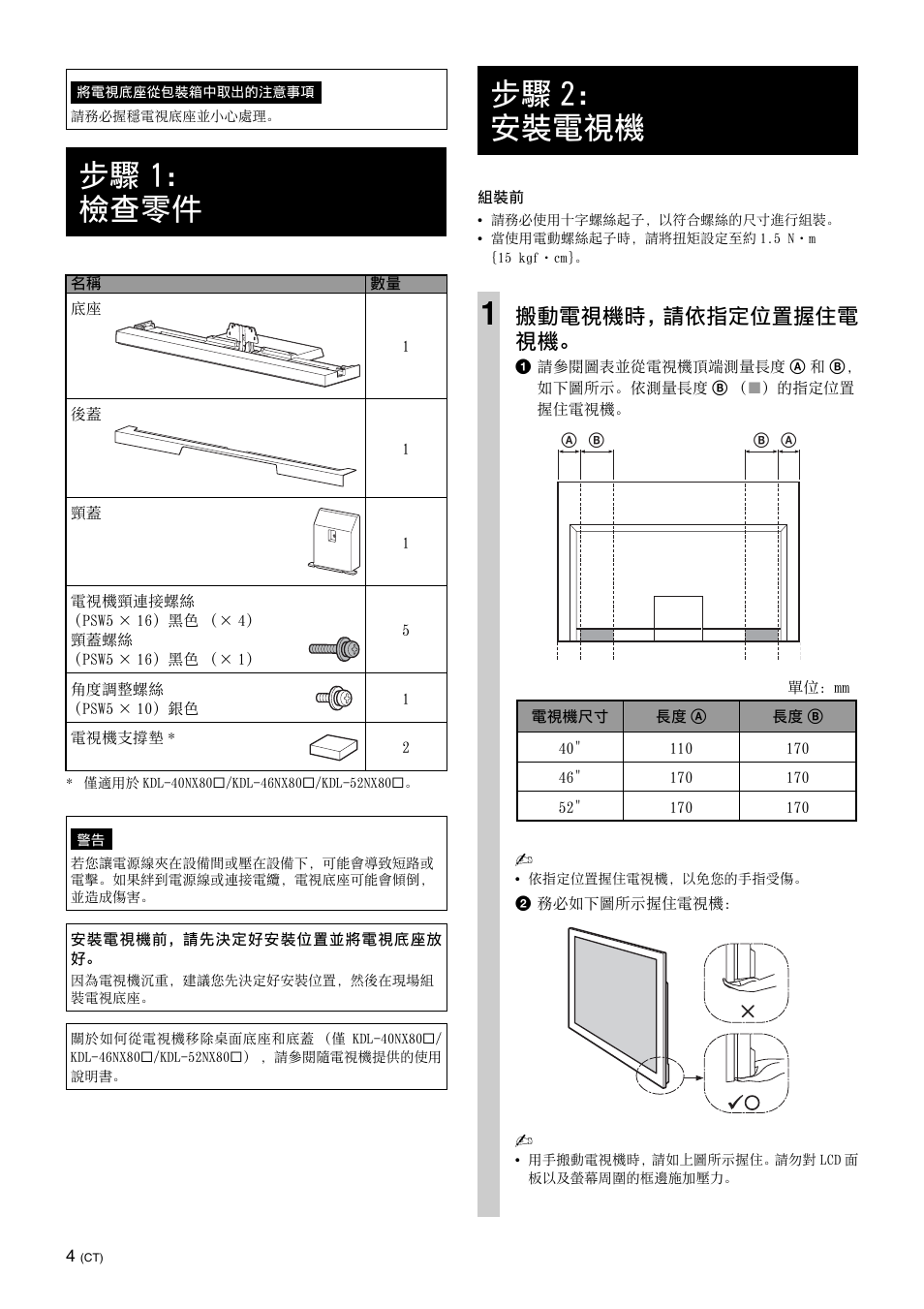 步驟1：檢查零件, 步驟2：安裝電視機, 步驟 1： 檢查零件 | 步驟 2： 安裝電視機 1, 搬動電視機時，請依指定位置握住電 視機 | Sony SU-40NX1 User Manual | Page 180 / 219