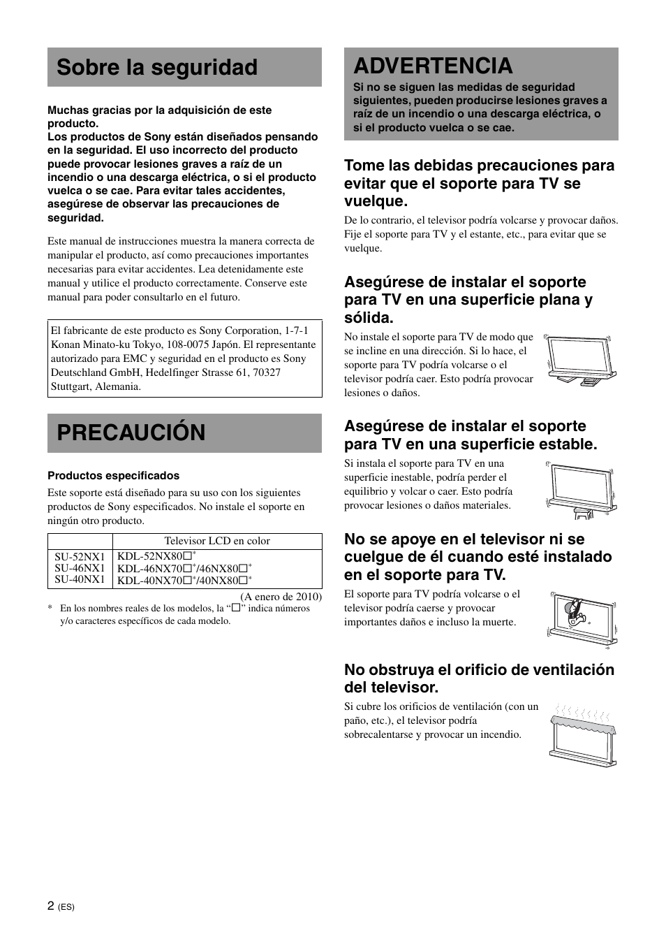 Sobre la seguridad, Precaución, Advertencia | Sony SU-40NX1 User Manual | Page 26 / 219