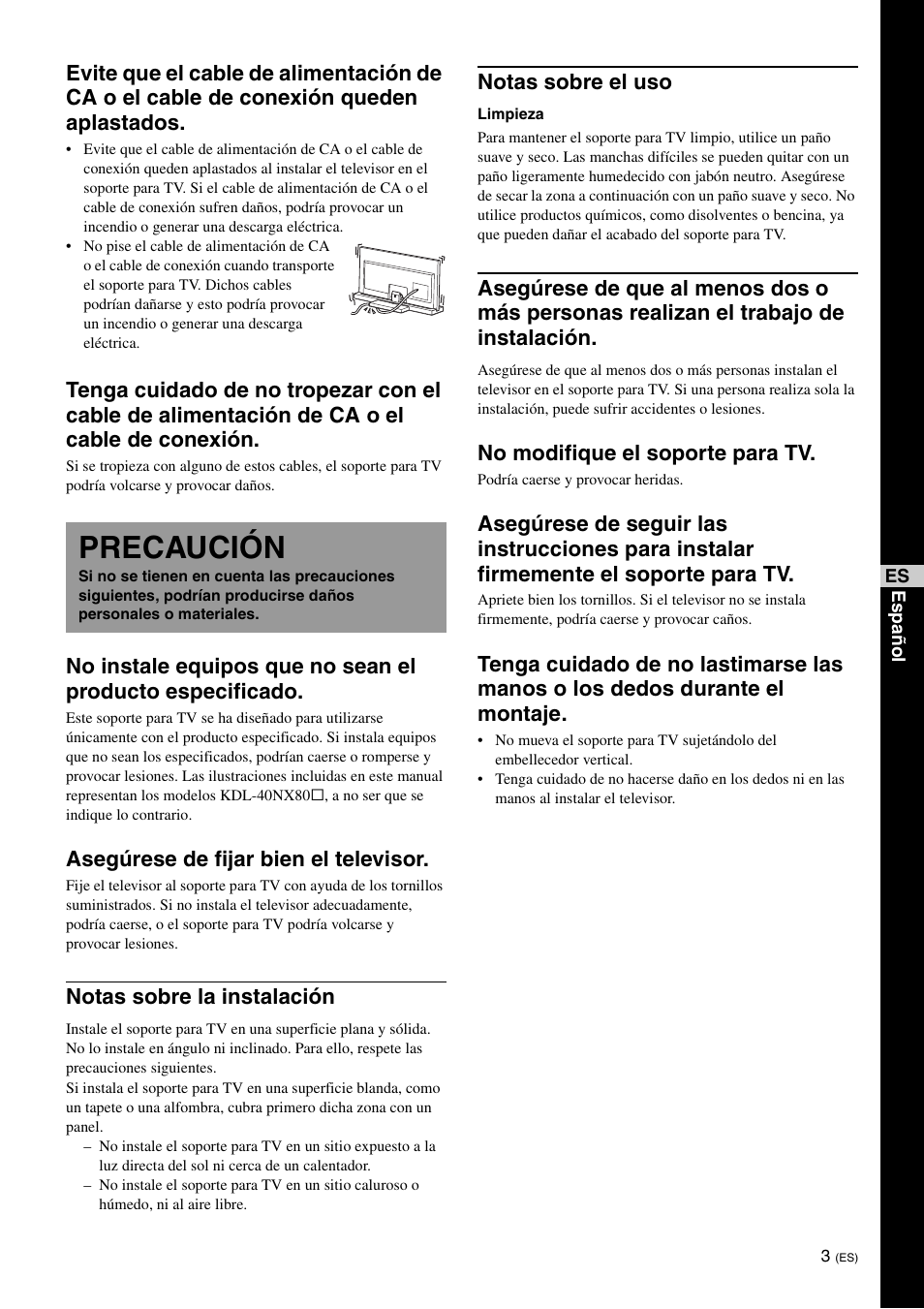 Precaución, Asegúrese de fijar bien el televisor, Notas sobre la instalación | Notas sobre el uso, No modifique el soporte para tv | Sony SU-40NX1 User Manual | Page 27 / 219