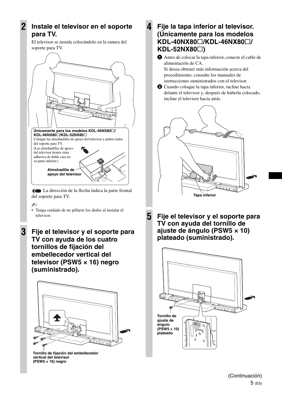 Instale el televisor en el soporte para tv | Sony SU-40NX1 User Manual | Page 29 / 219