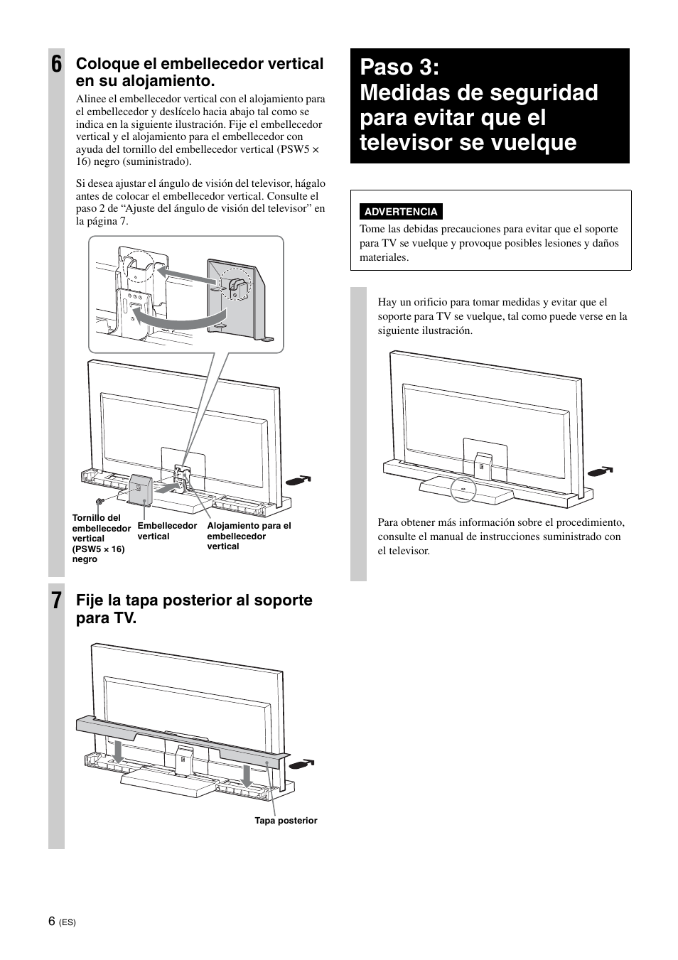Coloque el embellecedor vertical en su alojamiento, Fije la tapa posterior al soporte para tv | Sony SU-40NX1 User Manual | Page 30 / 219