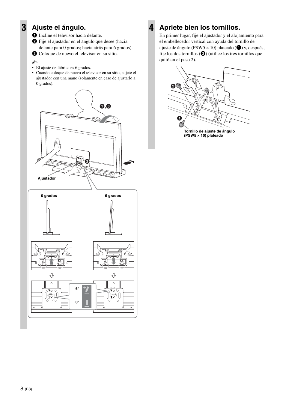 Ajuste el ángulo, Apriete bien los tornillos | Sony SU-40NX1 User Manual | Page 32 / 219