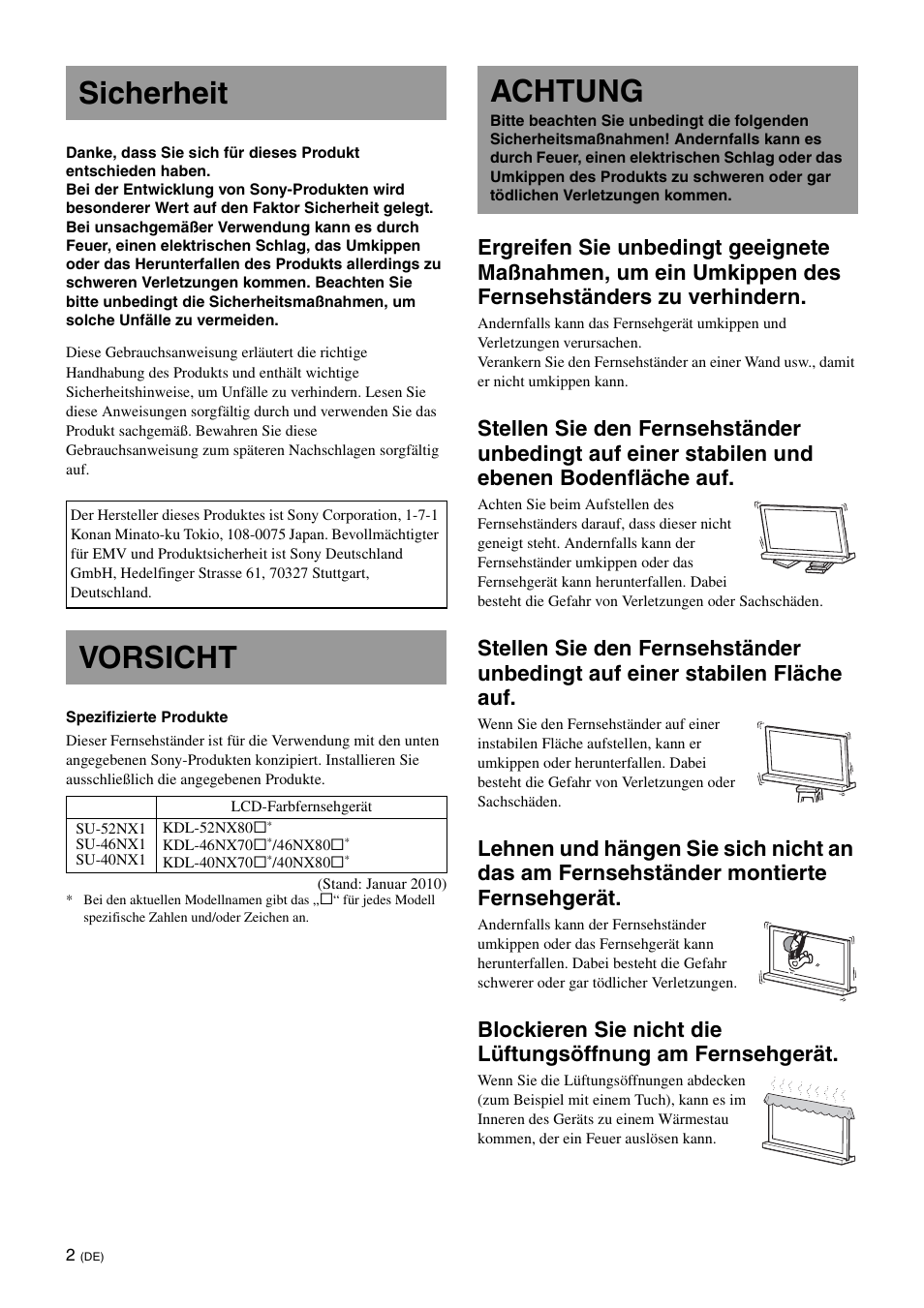Sicherheit, Vorsicht, Achtung | Sony SU-40NX1 User Manual | Page 34 / 219