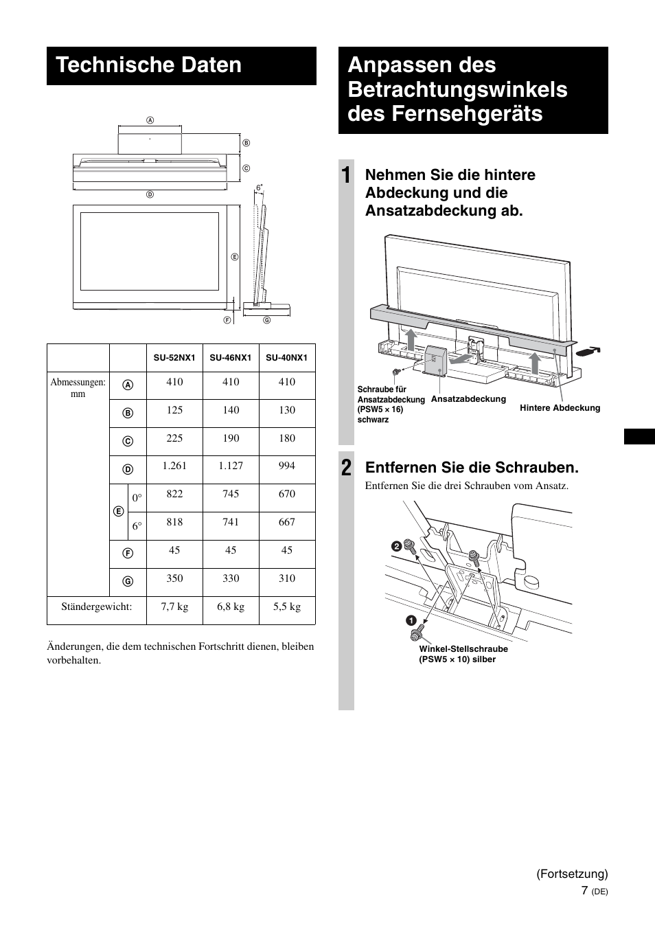 Technische daten, Anpassen des betrachtungswinkels des fernsehgeräts, Entfernen sie die schrauben | Sony SU-40NX1 User Manual | Page 39 / 219