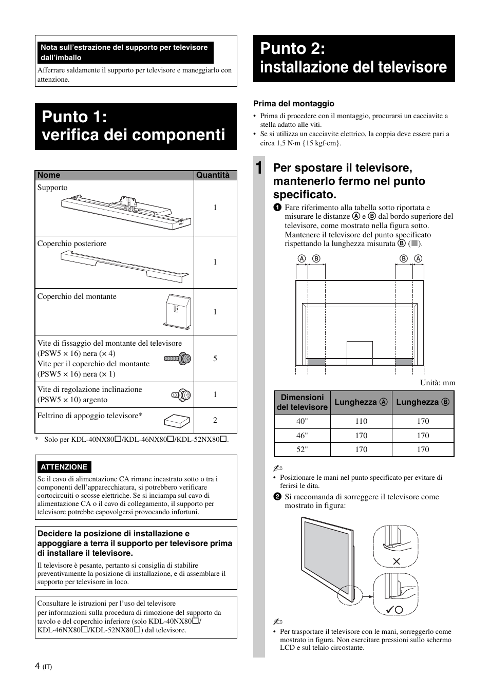Punto 1: verifica dei componenti, Punto 2: installazione del televisore, Punto 2: installazione del televisore 1 | Sony SU-40NX1 User Manual | Page 52 / 219