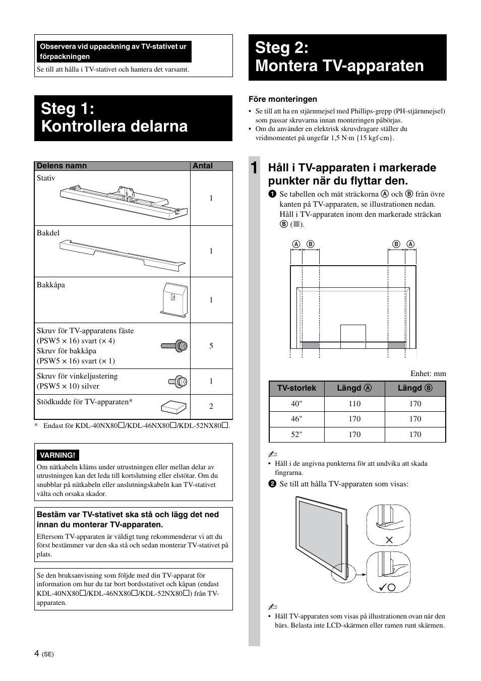 Steg 1: kontrollera delarna, Steg 2: montera tv-apparaten, Steg 2: montera tv-apparaten 1 | Sony SU-40NX1 User Manual | Page 60 / 219