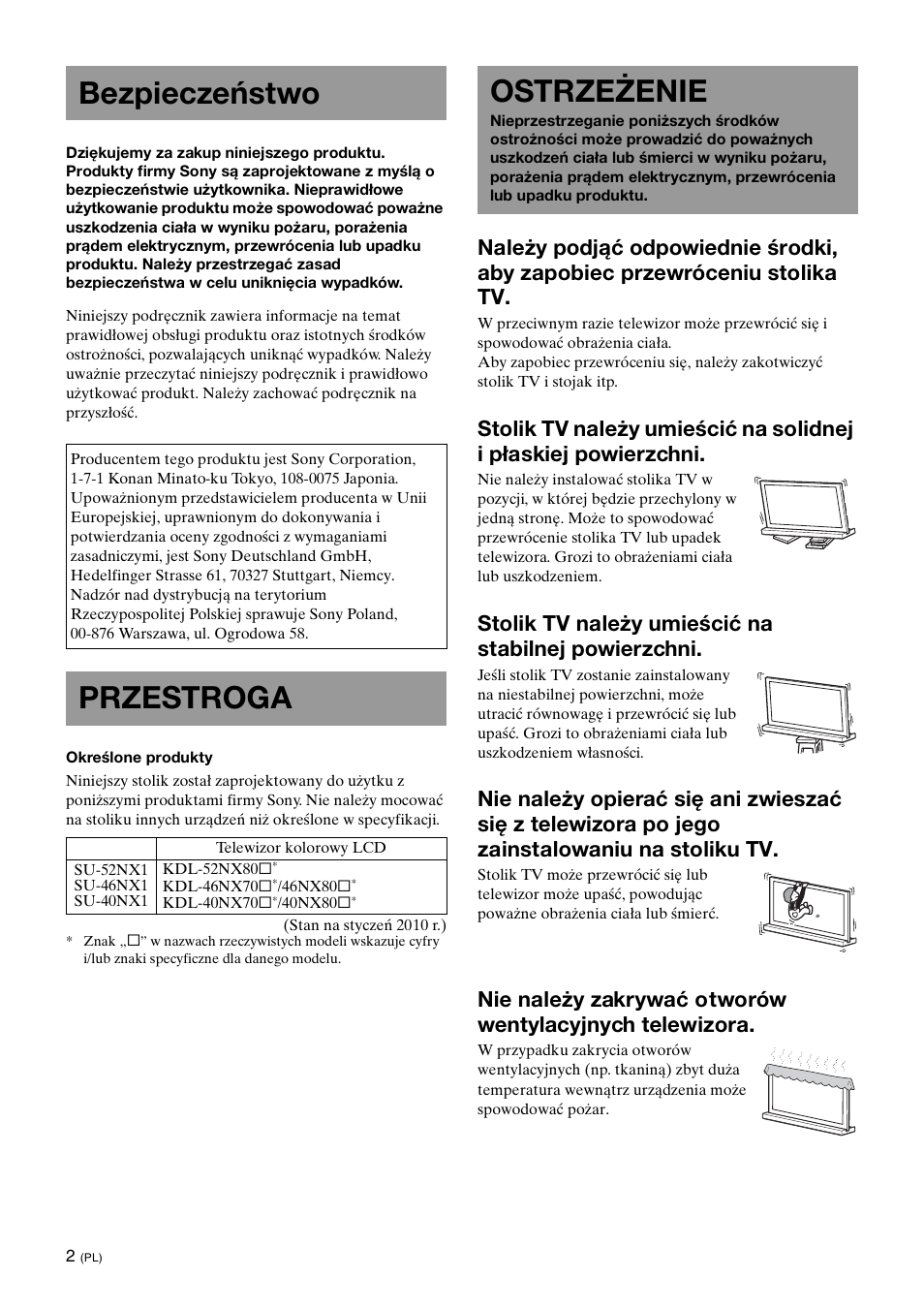 Bezpieczeństwo, Przestroga, Ostrzeżenie | Stolik tv należy umieścić na stabilnej powierzchni | Sony SU-40NX1 User Manual | Page 66 / 219