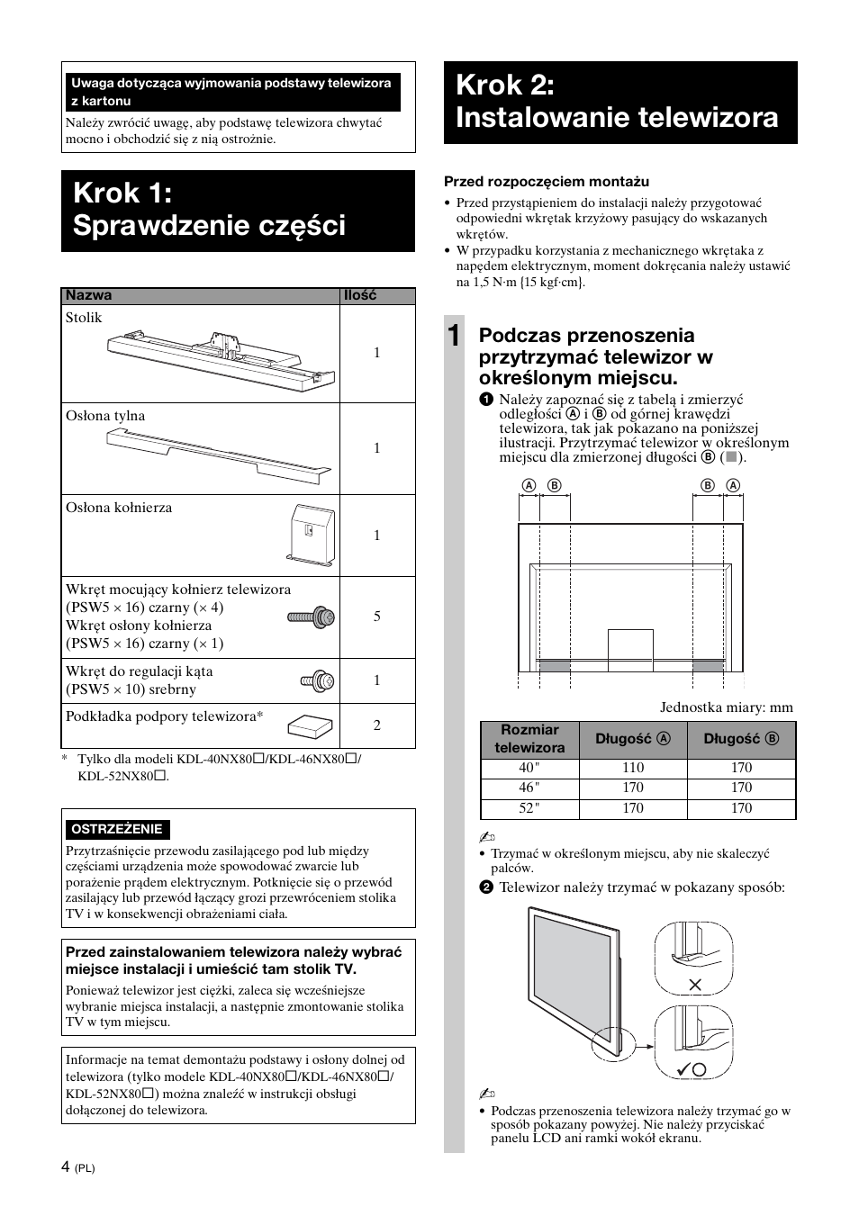 Krok 1: sprawdzenie części, Krok 2: instalowanie telewizora, Krok 2: instalowanie telewizora 1 | Sony SU-40NX1 User Manual | Page 68 / 219