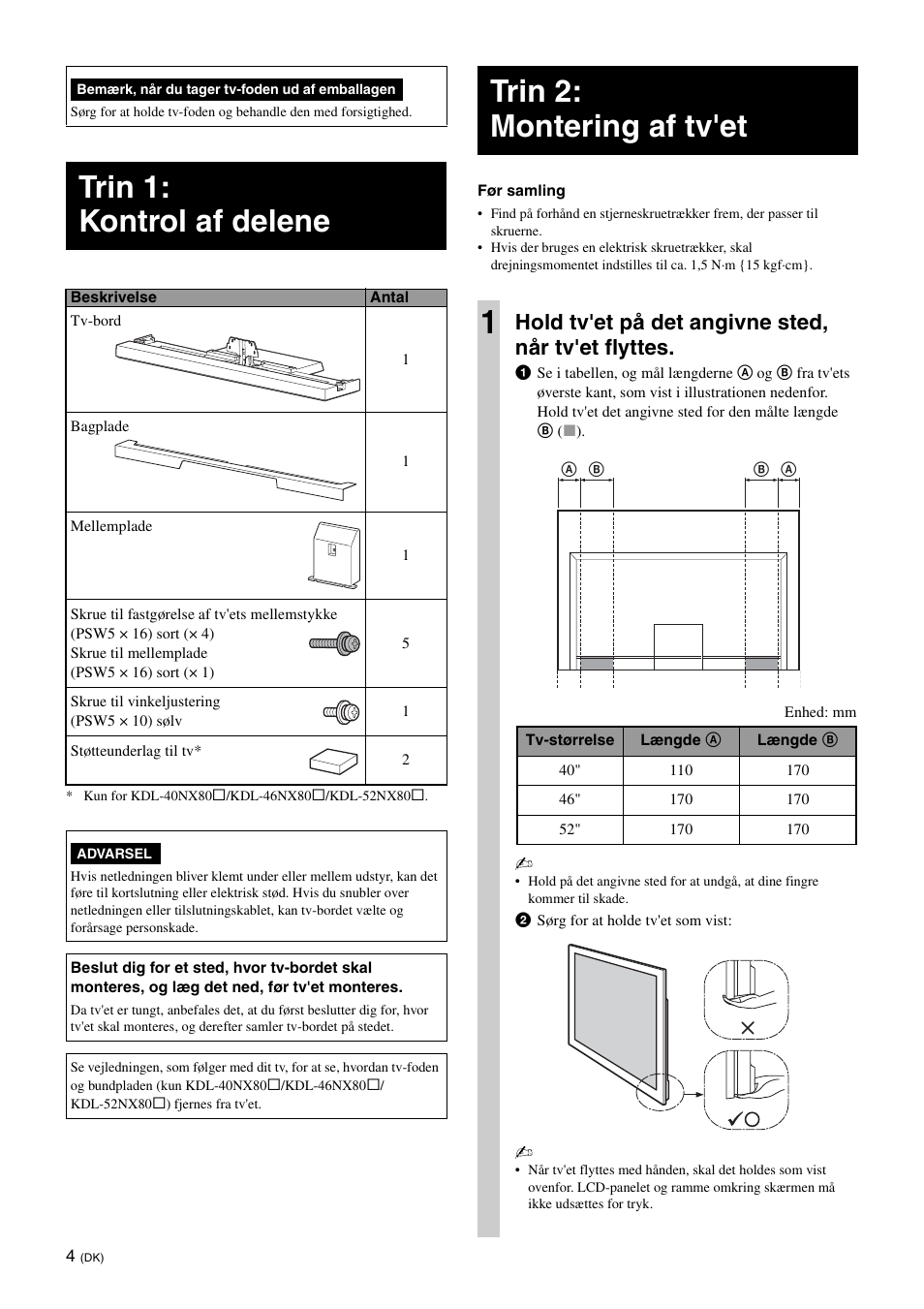 Trin 1: kontrol af delene, Trin 2: montering af tv'et, Trin 2: montering af tv'et 1 | Hold tv'et på det angivne sted, når tv'et flyttes | Sony SU-40NX1 User Manual | Page 84 / 219