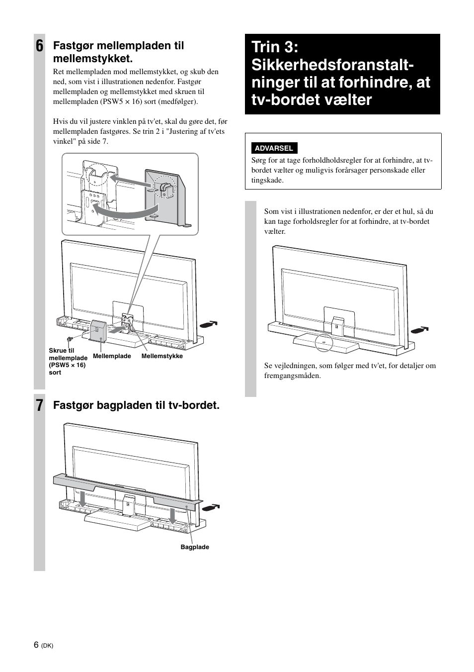 Fastgør mellempladen til mellemstykket, Fastgør bagpladen til tv-bordet | Sony SU-40NX1 User Manual | Page 86 / 219