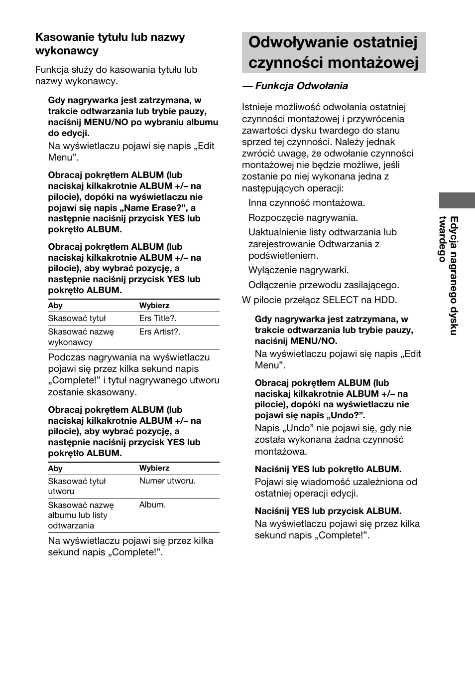 Odwoływanie ostatniej czynności montażowej | Sony HAR-D1000 User Manual | Page 101 / 108