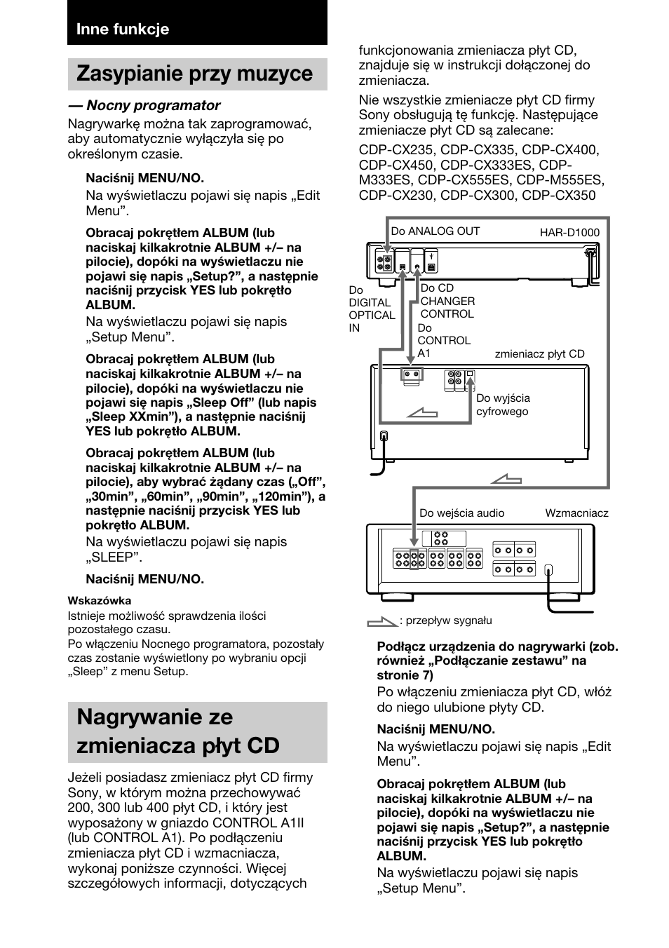 Inne funkcje, Zasypianie przy muzyce —nocny programator, Nagrywanie ze zmieniacza p.yt cd | Zasypianie przy muzyce, Nagrywanie ze zmieniacza płyt cd | Sony HAR-D1000 User Manual | Page 102 / 108