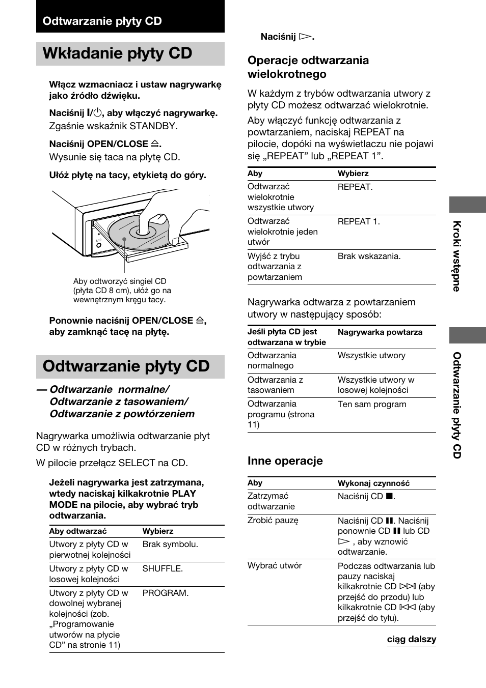 Odtwarzanie p.yty cd, Wk.adanie p.yty cd, Wkładanie płyty cd | Odtwarzanie płyty cd, Operacje odtwarzania wielokrotnego, Inne operacje | Sony HAR-D1000 User Manual | Page 81 / 108