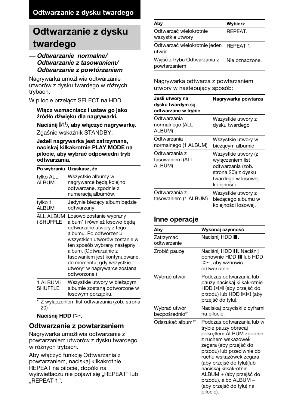 Odtwarzanie z dysku twardego, Odtwarzanie z powtarzaniem, Inne operacje | Sony HAR-D1000 User Manual | Page 90 / 108