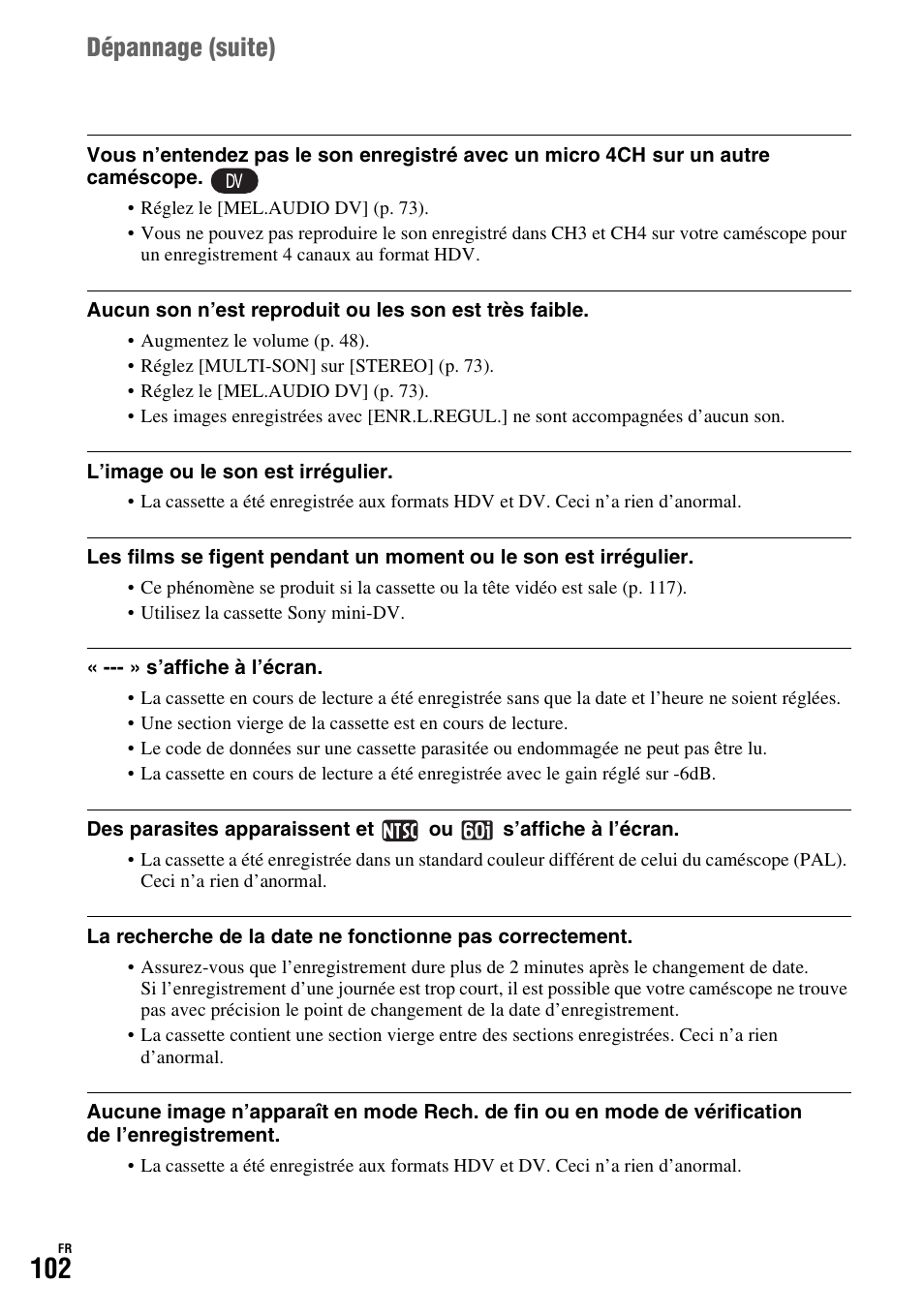 Dépannage (suite) | Sony HDR-FX1000E User Manual | Page 102 / 271