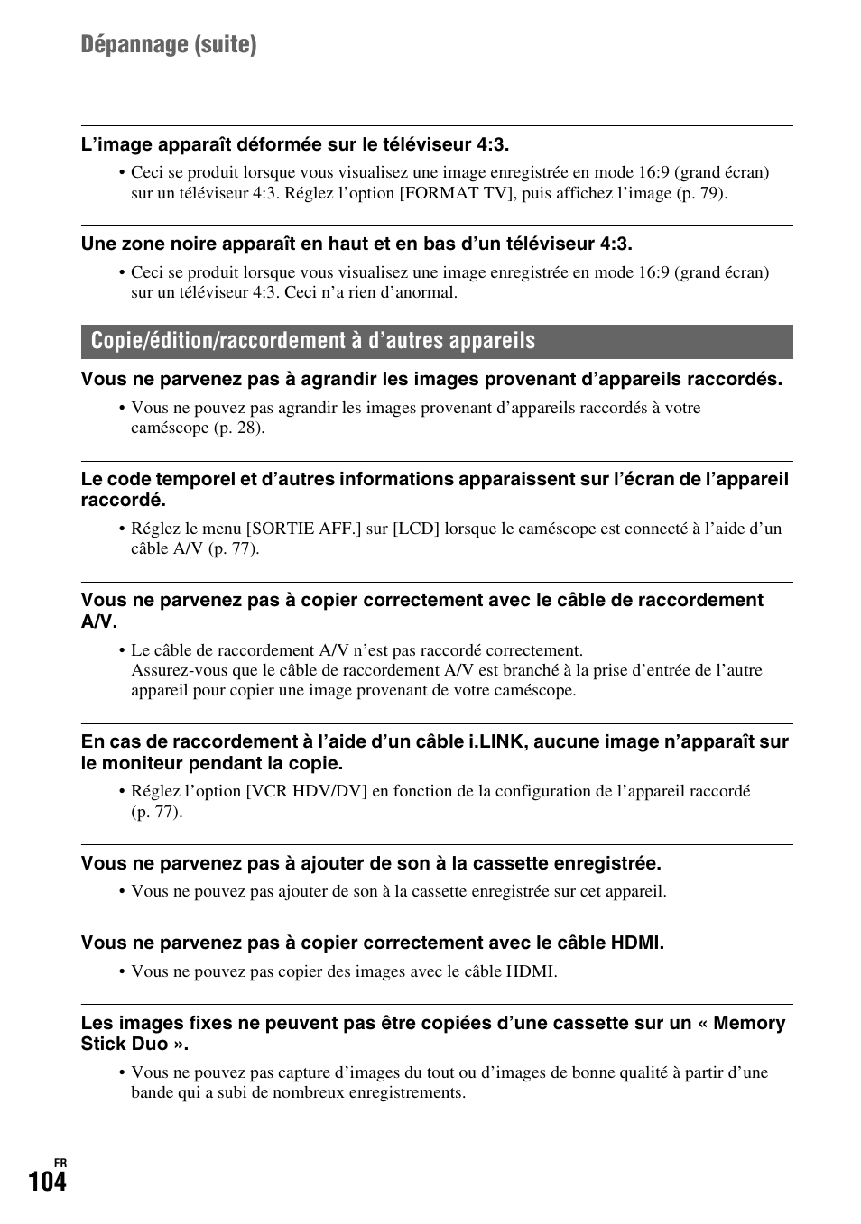 P. 104, Dépannage (suite), Copie/édition/raccordement à d’autres appareils | Sony HDR-FX1000E User Manual | Page 104 / 271