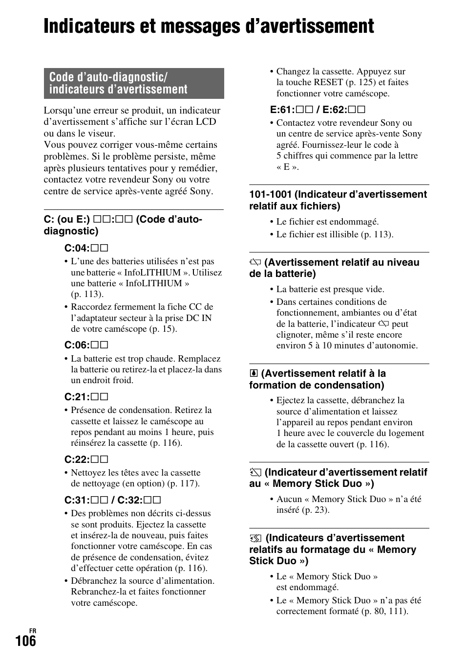 Indicateurs et messages d’avertissement | Sony HDR-FX1000E User Manual | Page 106 / 271