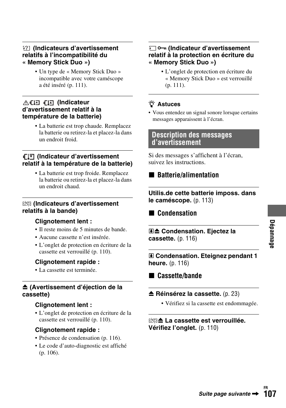 P. 107), Description des messages d’avertissement | Sony HDR-FX1000E User Manual | Page 107 / 271