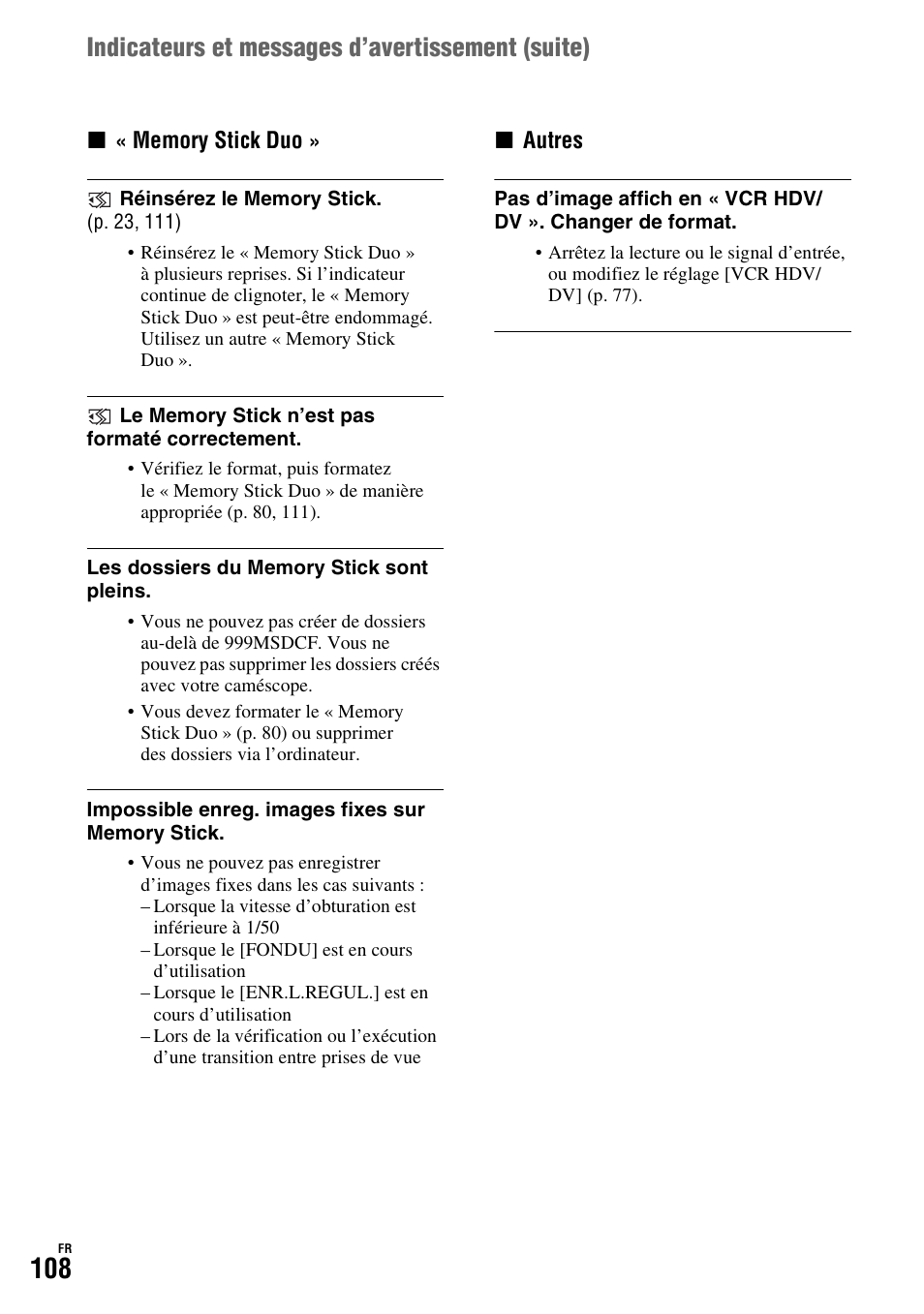 Indicateurs et messages d’avertissement ( suite) | Sony HDR-FX1000E User Manual | Page 108 / 271