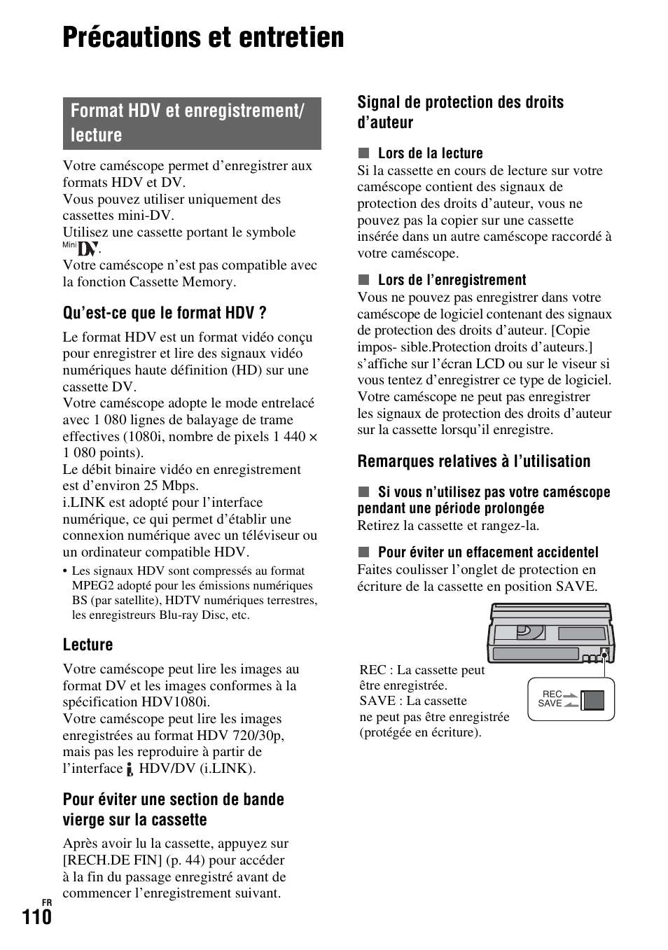 Précautions et entretien, Format hdv et enregistrement/lecture, P. 110 | E (p. 110, P. 110), Format hdv et enregistrement/ lecture | Sony HDR-FX1000E User Manual | Page 110 / 271