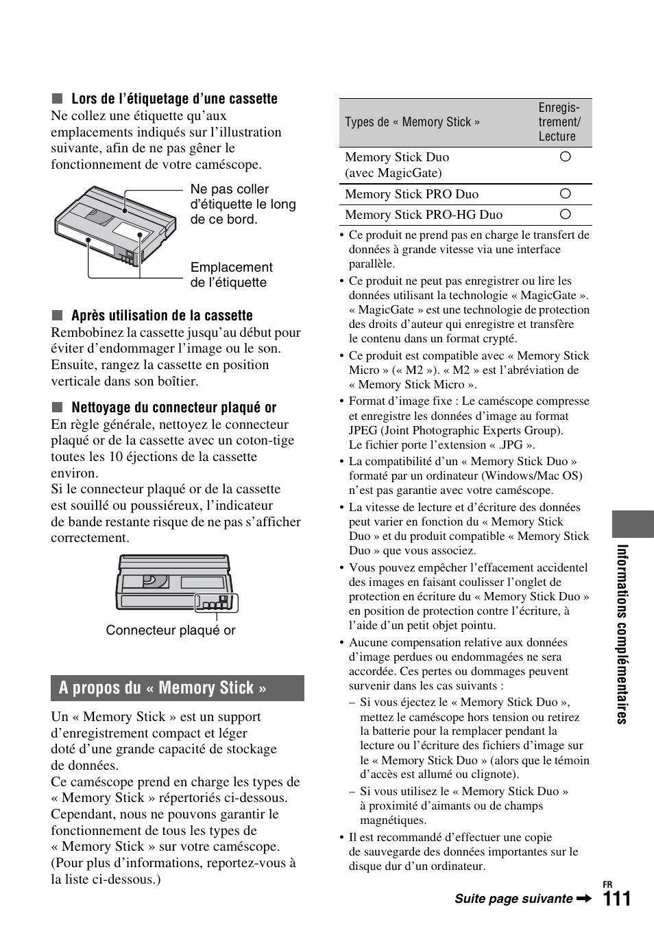 A propos du « memory stick, Et p. 111, P. 111) | P. 111 | Sony HDR-FX1000E User Manual | Page 111 / 271