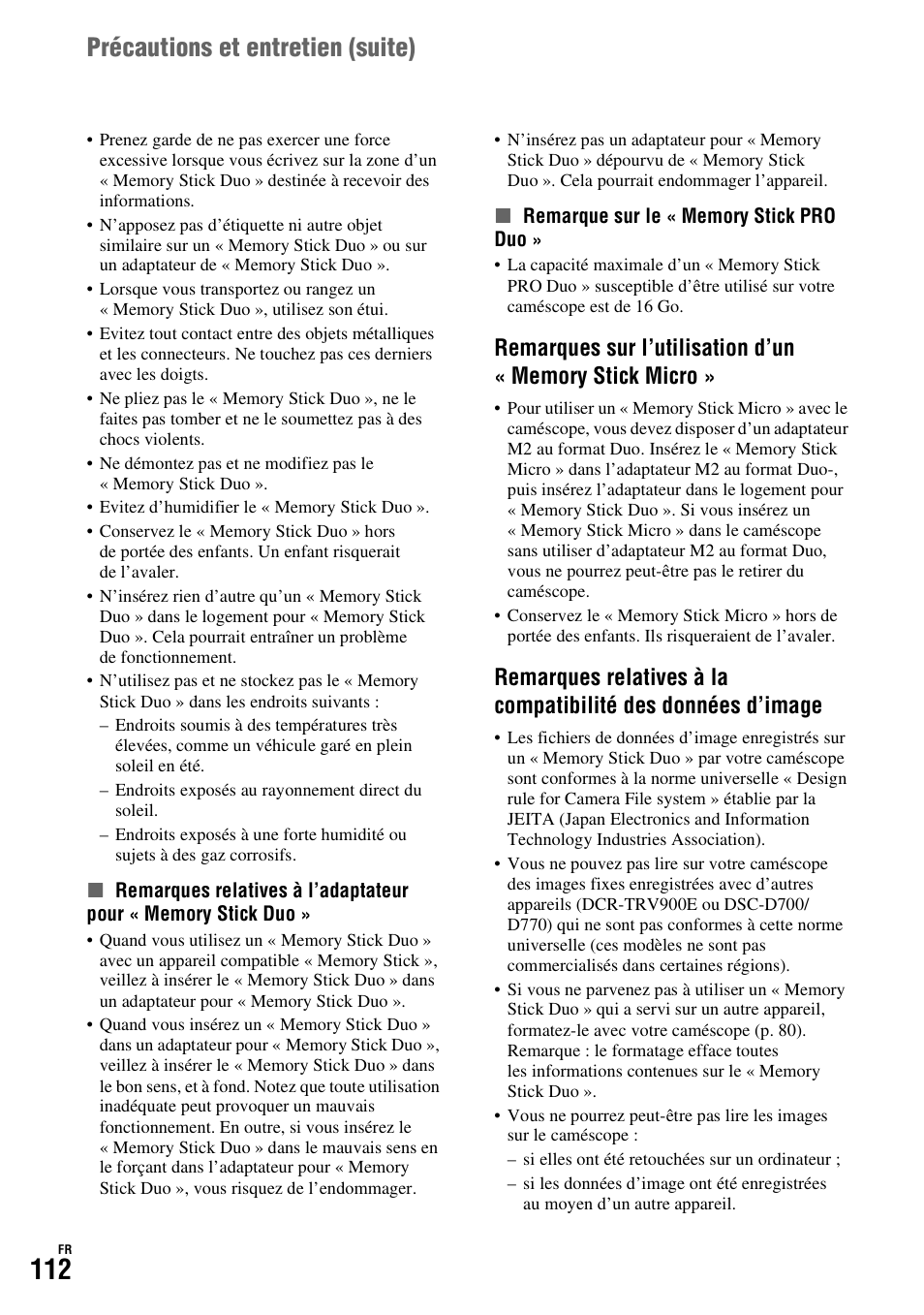 Précautions et entretien (suite) | Sony HDR-FX1000E User Manual | Page 112 / 271