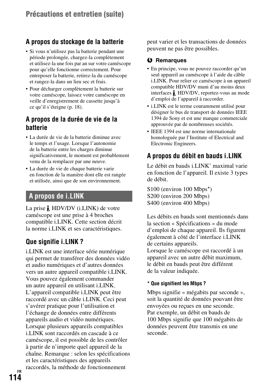 A propos de i.link, Précautions et entretien (suite) | Sony HDR-FX1000E User Manual | Page 114 / 271