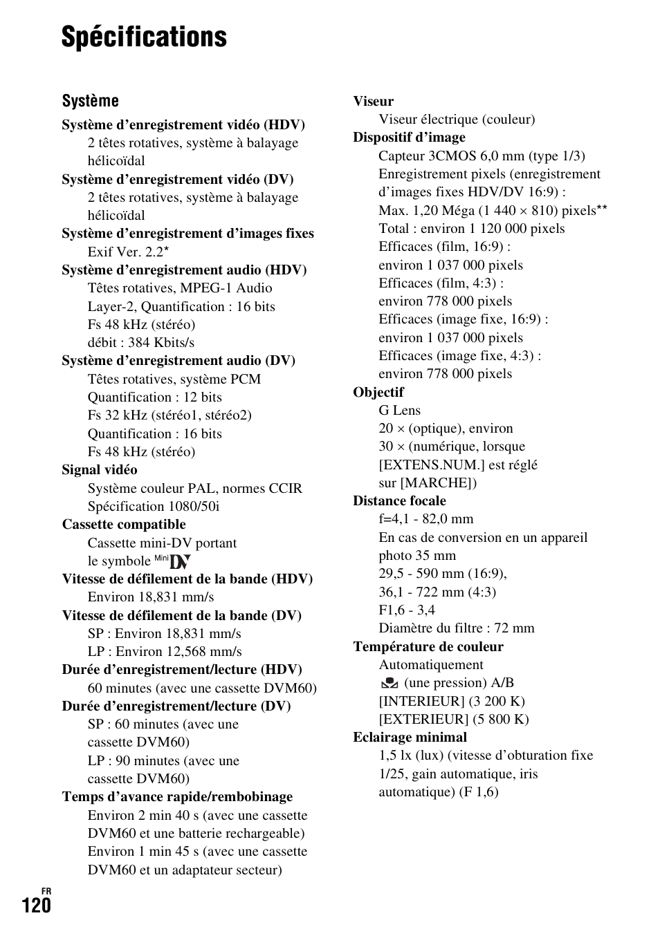 Spécifications | Sony HDR-FX1000E User Manual | Page 120 / 271