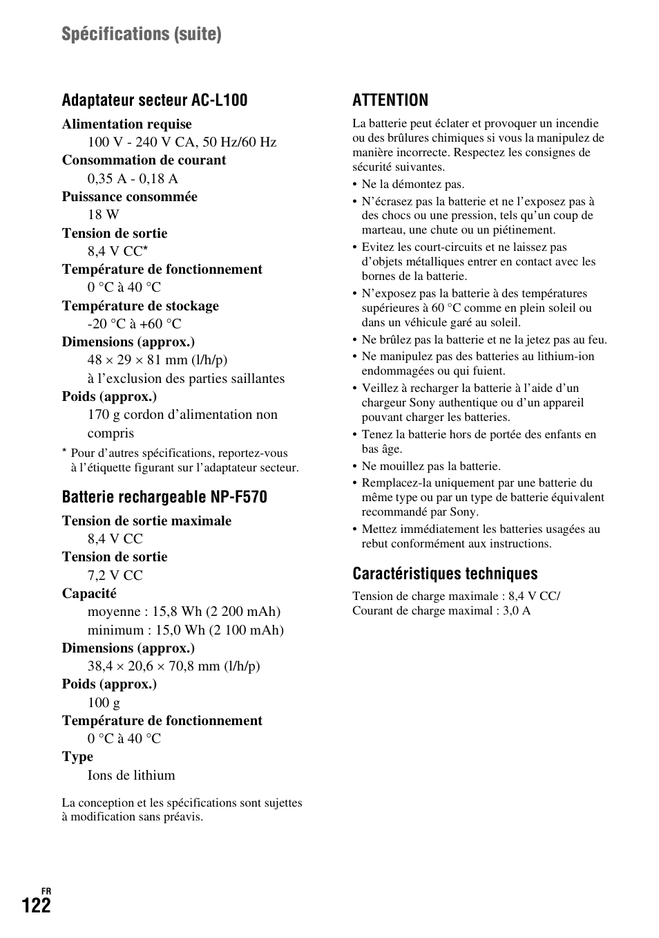 Spécifications (suite) | Sony HDR-FX1000E User Manual | Page 122 / 271