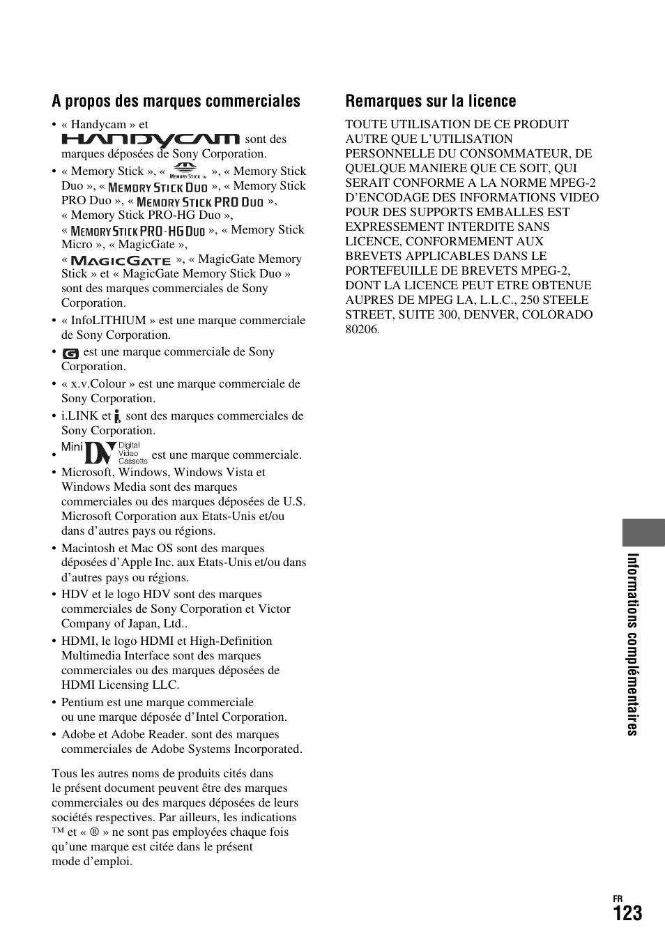 A propos des marques commerciales, Remarques sur la licence | Sony HDR-FX1000E User Manual | Page 123 / 271