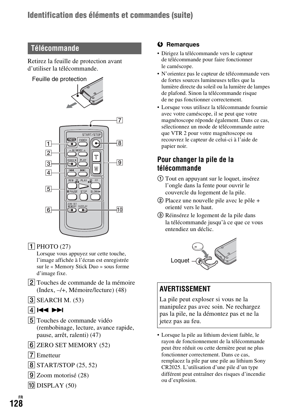 P. 128), Identification des éléments et commandes (suite), Télécommande | Pour changer la pile de la télécommande, Avertissement | Sony HDR-FX1000E User Manual | Page 128 / 271