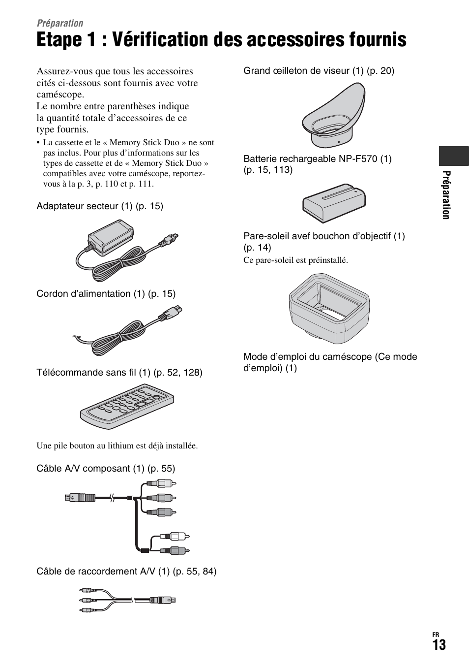 Préparation, Etape 1 : vérification des accessoires fournis | Sony HDR-FX1000E User Manual | Page 13 / 271