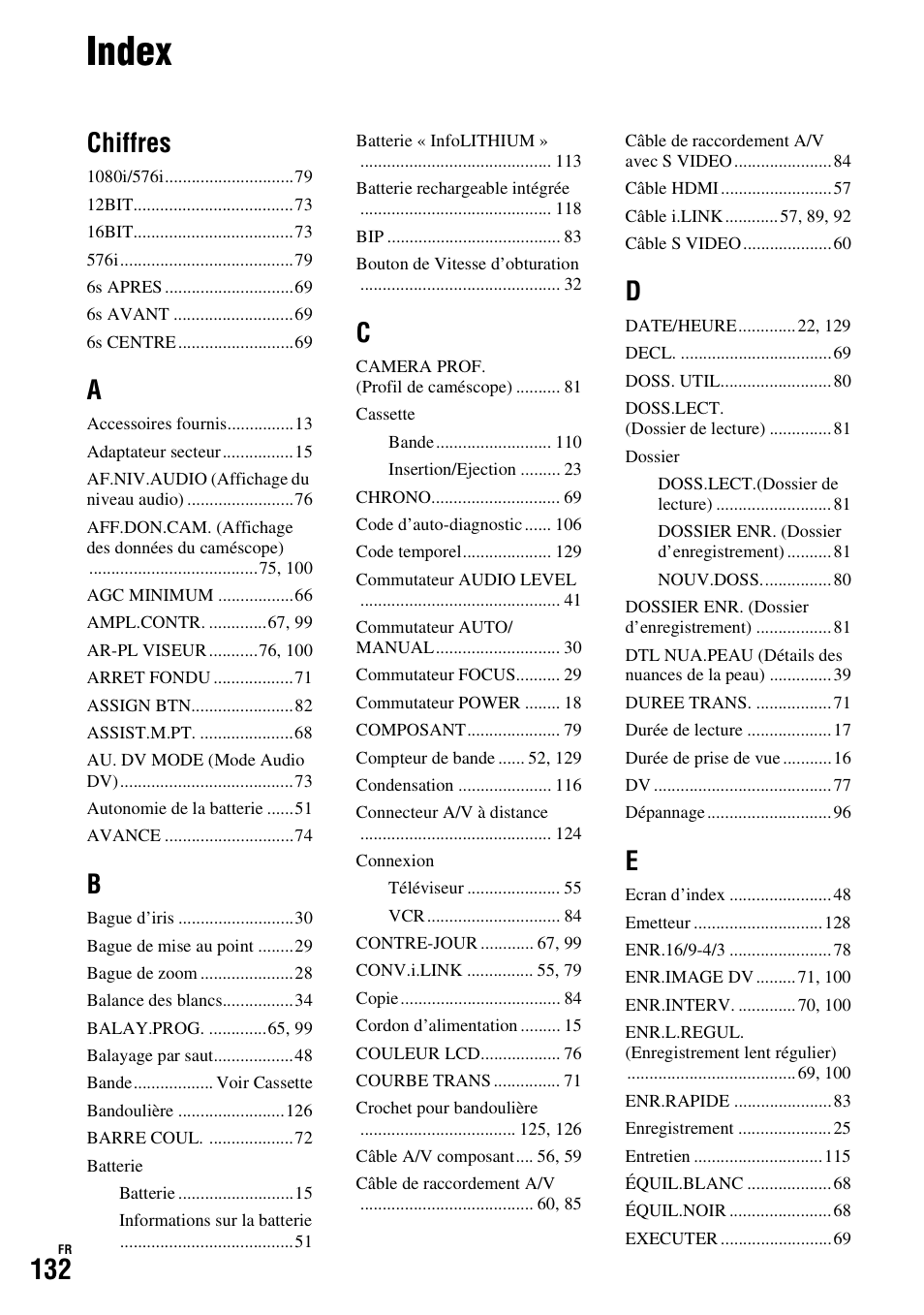 Index, Chiffres | Sony HDR-FX1000E User Manual | Page 132 / 271