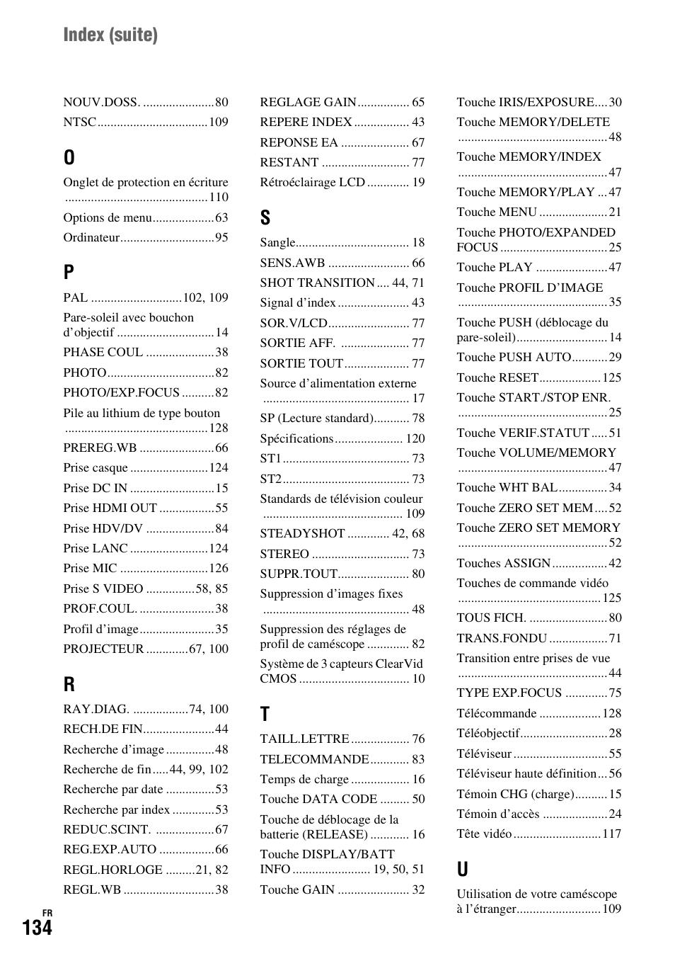 Index (suite) | Sony HDR-FX1000E User Manual | Page 134 / 271