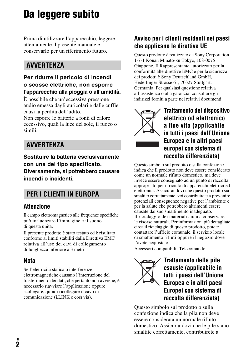 Da leggere subito, Avvertenza, Avvertenza per i clienti in europa | Sony HDR-FX1000E User Manual | Page 136 / 271