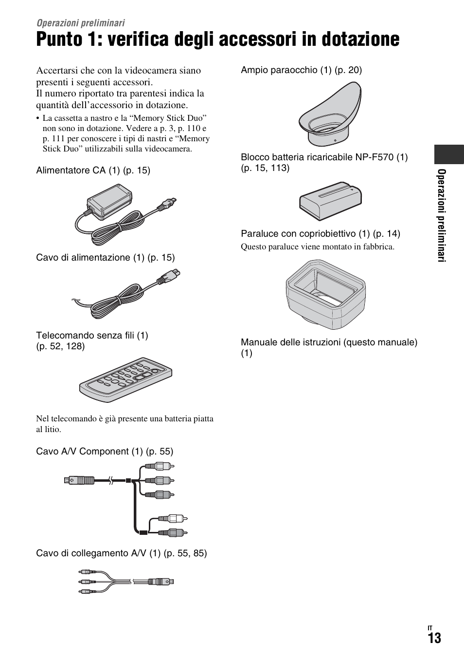 Operazioni preliminari, Punto 1: verifica degli accessori in dotazione | Sony HDR-FX1000E User Manual | Page 147 / 271